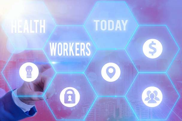 Text sign showing Health Workers. Conceptual photo showing whose job to protect the health of their communities Grids and different set up of the icons latest digital technology concept. - Photo, Image