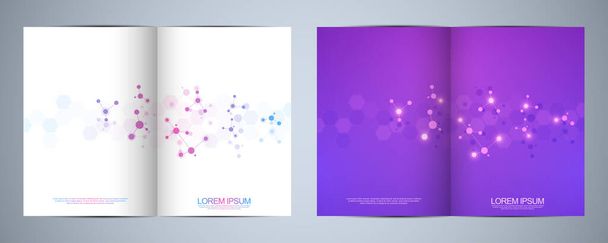 Bi-fold brochure template or cover book, page layout, flyer design with abstract background of molecular structure and DNA strand. Concept and idea for innovation technology, medicine, science - Vector, Image