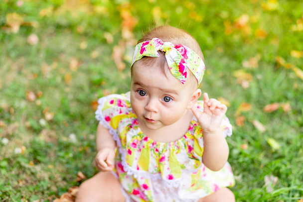 portrait of a small baby girl 7 months old sitting on the green grass in a yellow dress, walking in the fresh air - Photo, Image