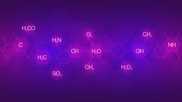 Absztrakt kémiai minta lila alapon kémiai képletekkel és molekuláris szerkezetekkel. Tudományos és innovációs technológiai koncepció. - Fotó, kép