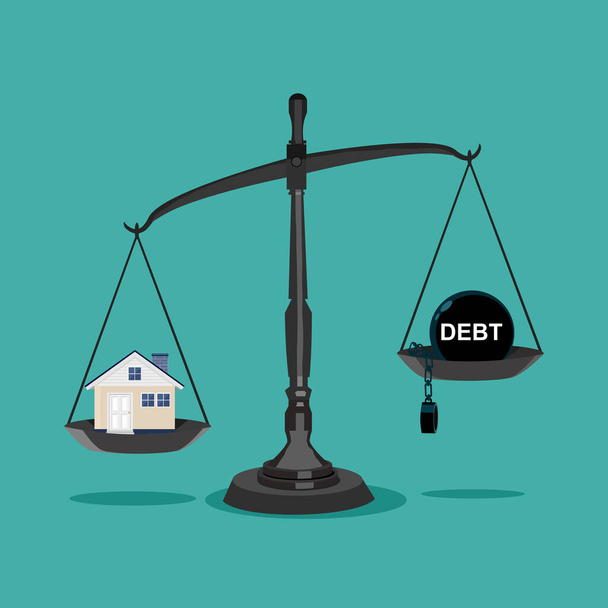 Schuldenwaagen und Häuser. Das Konzept des Hauses ist mehr wert als der Schuldenvektor - Vektor, Bild