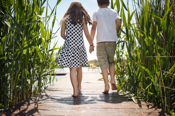 Happy boy and the girl hold hands and goes on the pond. - Foto, immagini