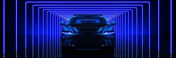 Sportwagen, Studio-Setup auf dunklem Hintergrund. 3D-Darstellung - Foto, Bild