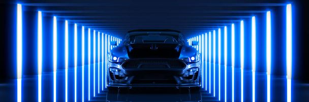 Sportwagen, Studio-Setup auf dunklem Hintergrund. 3D-Darstellung - Foto, Bild