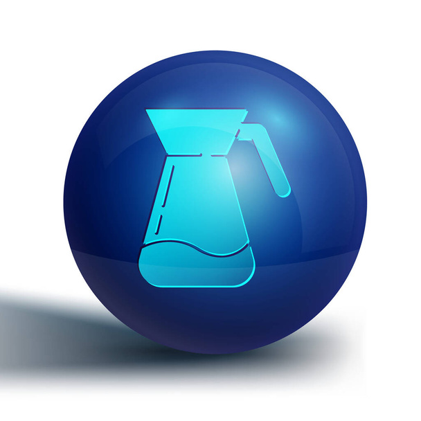 Blauer Krug Glas mit Wassersymbol isoliert auf weißem Hintergrund. Wasserkocher für Wasser vorhanden. Glaskaraffe mit Trinkwasser. Blauer Kreis-Knopf. Vektorillustration. - Vektor, Bild