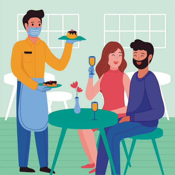 New normal life in social distancing during COVID-19 pandemic. Waiter in restaurant serving food to customer, wearing face mask and hand gloves , keeping distance to protect from COVID-19 coronavirus  - Vector, Image
