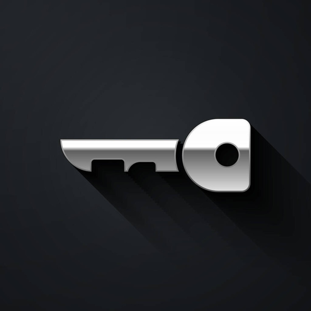 Silver Key icon isolated on black background. Long shadow style. Vector Illustration. - Wektor, obraz
