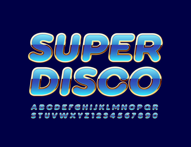 Vector bright Emblem Super Disco.  3D Chic Font. Golden and Blue Alphabet Letters and Numbers - Vektor, Bild