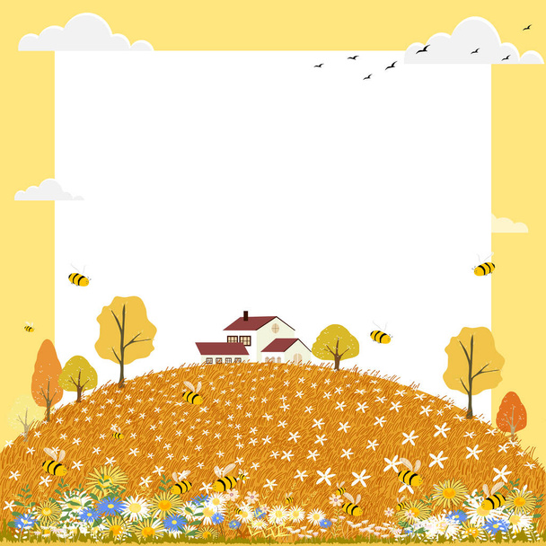 Vector Aranyos rajzfilm Őszi táj farm mező másolási hely. Őszi vagy őszi szezon háttér Banner, Eladó, Kártya és Sablon  - Vektor, kép