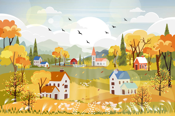 Fantasy panorama landscapes of Countryside in autumn,Panoramic of mid autumn with farm field, mountains, wild grass and leaves falling from trees in yellow foliage. Wonderland landscape in fall season - Vector, Image