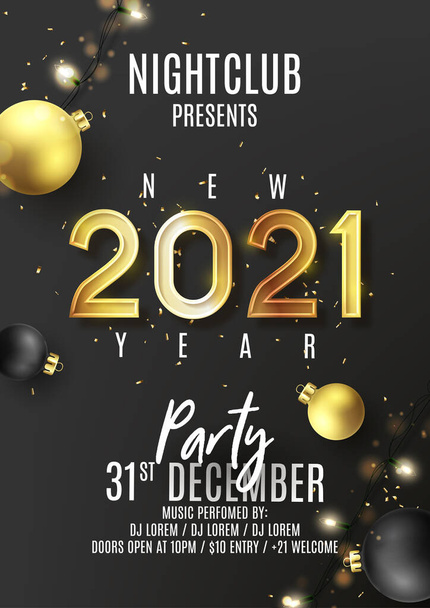 2021 Happy New Year party poster. Vector illustration with golden holiday symbol, confetti, light garlands and Christmas balls on black background. Invitation to nightclub. - Wektor, obraz