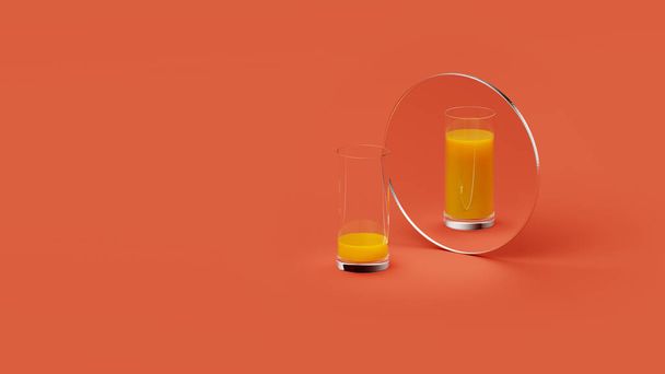 O suco de laranja em um copo reflete-se no espelho em um fundo vermelho no estúdio, lugar de texto, ícone, metáfora
 - Foto, Imagem