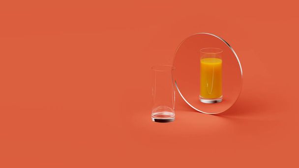 ガラスのオレンジジュースは、スタジオ、テキスト、アイコン、隠喩のための場所の赤い背景に鏡に反映されます - 写真・画像