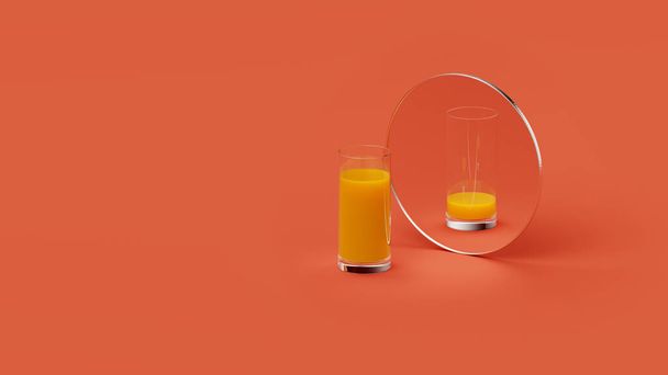 ガラスのオレンジジュースは、スタジオ、テキスト、アイコン、隠喩のための場所の赤い背景に鏡に反映されます - 写真・画像
