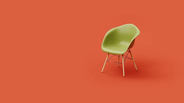 grüner Stuhl isoliert auf rotem Hintergrund, minimalistisches Kunstkonzept, Platz für Text, 3D-Darstellung - Foto, Bild
