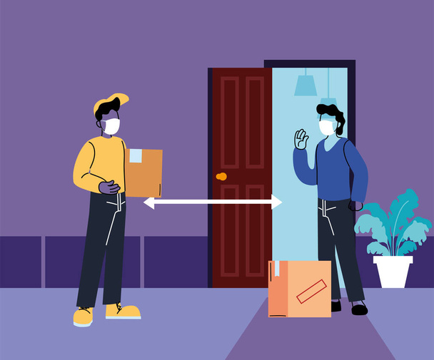 men with masks delivering and receiving secure package - Vector, Image