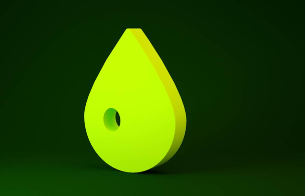 Yeşil arkaplanda sarı su damlası simgesi izole edildi. Minimalizm kavramı. 3d illüstrasyon 3B canlandırma - Fotoğraf, Görsel