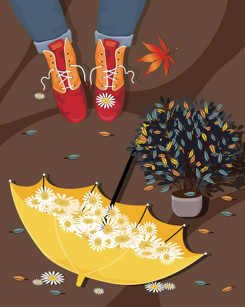 Vektor dívčích nohou stojící vedle květináče a vzhůru nohama deštník se sedmikráskami uvnitř, Žena v kožených botách na pěšině s padajícími květy a javorovými listy. Ilustrace pro podzimní prodej. - Vektor, obrázek