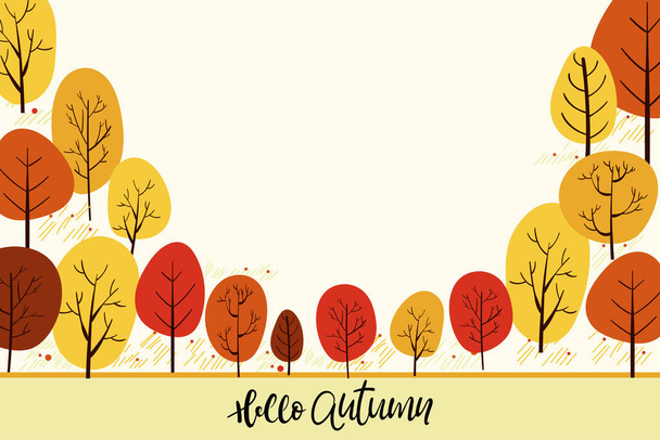 Mignon dessin animé paysage d'automne avec espace de copie, vecteur Bonjour automne avec arbre forestier, automne ou automne pour bannière, vente, carte et gabarit arrière-plan  - Vecteur, image