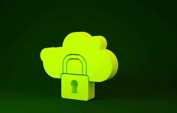 Sárga felhő számítástechnikai zár ikon elszigetelt zöld háttér. Biztonság, biztonság, védelem. A személyes adatok védelme. Minimalizmus koncepció. 3d illusztráció 3D render - Fotó, kép