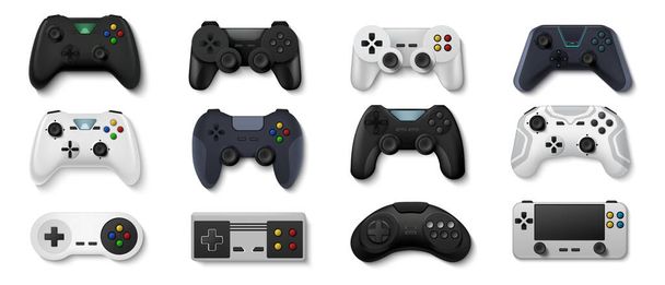 Realistic gamepads. Play console and PC games and stay at home concept, 3D video game controllers. Vector set of gaming devices - Vector, Image