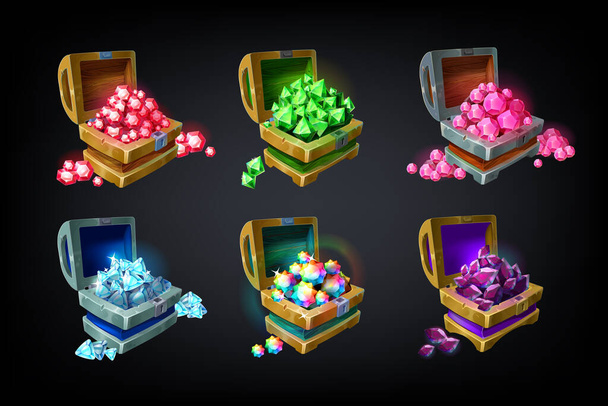Game chest. Cartoon colored precious jewelry stones, achievement game design element, batch of glowing gems. Vector shining crystals set - Vector, Image