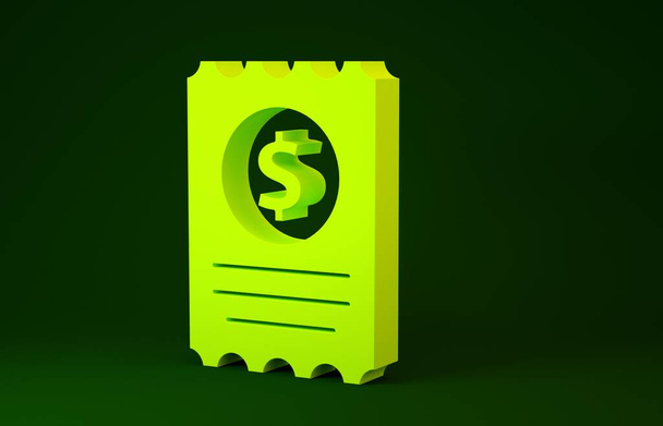 Comprobación de papel amarillo y cheque financiero icono aislado sobre fondo verde. Comprobación de impresión de papel, recibo de la tienda o factura. Concepto minimalista. 3D ilustración 3D render
 - Foto, imagen