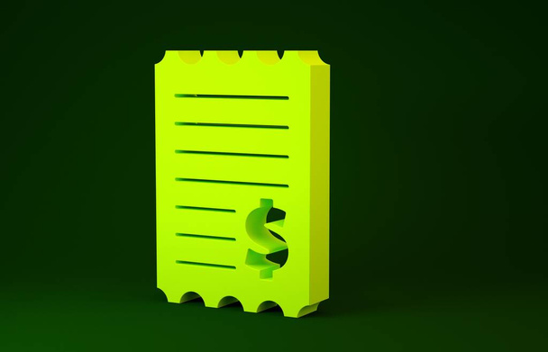 Kontrola žlutého papíru a finanční kontrola ikona izolované na zeleném pozadí. Papírový šek, stvrzenka z obchodu nebo účet. Minimalismus. 3D ilustrace 3D vykreslení - Fotografie, Obrázek