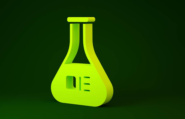 Sárga kémcső és lombik kémiai laboratóriumi vizsgálat ikon izolált zöld alapon. Laboratóriumi üvegáru jel. Minimalizmus koncepció. 3d illusztráció 3D render - Fotó, kép