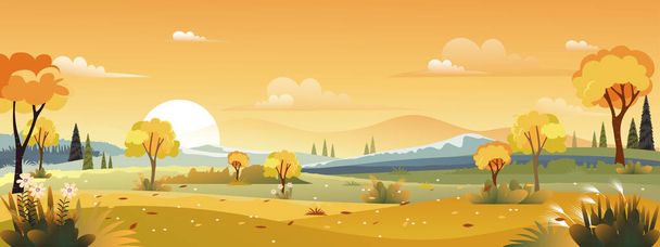 Панорамні пейзажі сільської місцевості восени, Середня осінь з сільськогосподарським полем, горами, дикою травою і листям, що падають з дерев з блакитним небом і жовтим листям.
 - Вектор, зображення