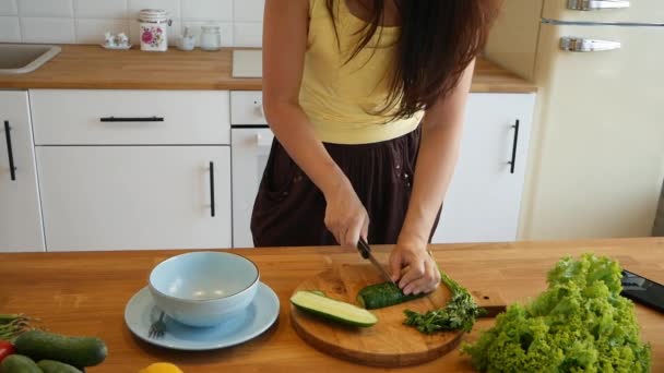 gelukkig vrouwelijk koken groente salade, gezond leven. - Video