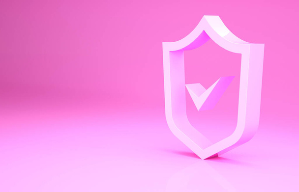 Pink Shield z ikoną znaku kontrolnego na różowym tle. Bezpieczeństwo, ochrona, koncepcja prywatności. Znak zaznaczenia zatwierdzony. Koncepcja minimalizmu. Ilustracja 3D 3D renderowania - Zdjęcie, obraz
