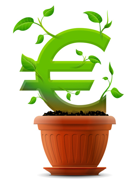 Crecimiento símbolo euro como planta con hojas en maceta
 - Vector, imagen