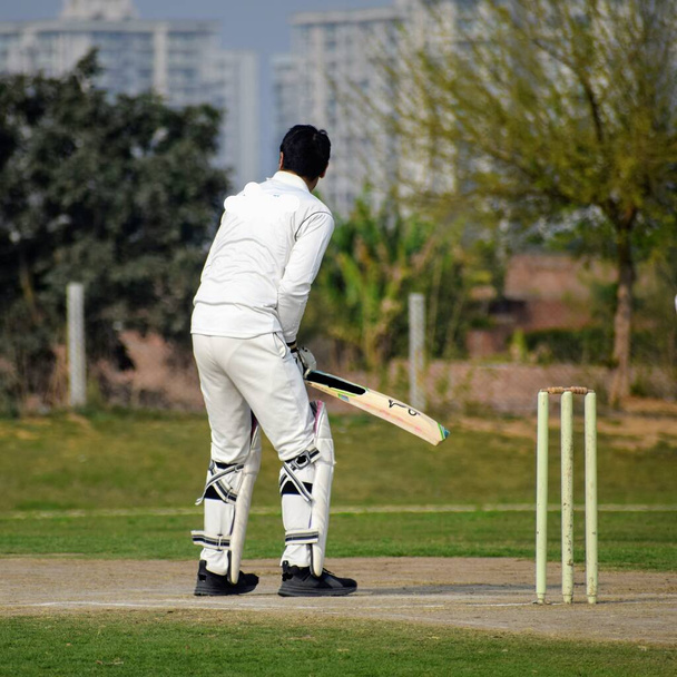 Volle Länge des Cricketspiels auf dem Feld an sonnigen Tagen, Cricketspiel auf dem Feld in Aktion, Cricketspieler spielen tagsüber auf dem Feld - Foto, Bild