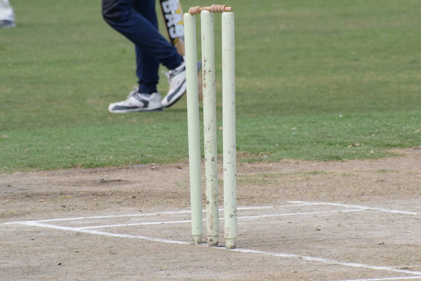 Полная продолжительность игры в крикет на поле в солнечный день, крикет на поле в действии, игроки играют в крикет на поле в течение дня - Фото, изображение