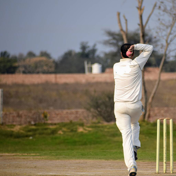 Volle Länge des Cricketspiels auf dem Feld an sonnigen Tagen, Cricketspiel auf dem Feld in Aktion, Cricketspieler spielen tagsüber auf dem Feld - Foto, Bild