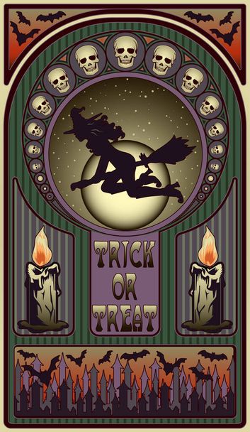 Art nouveau halloween card, witch and moon, vector illustration - Vetor, Imagem