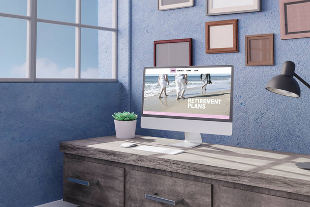 Χώρος εργασίας στο σπίτι με επιτραπέζιο υπολογιστή 3d απόδοση mockup.3d εικόνα. Έννοια της συνταξιοδότησης - Φωτογραφία, εικόνα