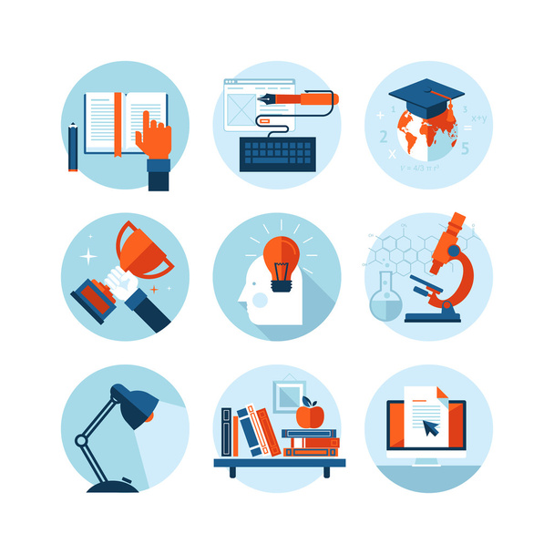 Set of modern flat design icons on the topic of knowledge and education. Icons for web and mobile services and apps. Isolated on white background. - Vector, Image