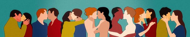 Erkekler ve kadınlar birbirlerini öpüyorlar. Eşcinsel ve lezbiyen çiftler birbirini öpüyor. Sivil sendika hakları. Birbirine aşık çiftler. Özgürlük için. LGBTQ Konsepti. Gay gururu. Pankart - Fotoğraf, Görsel