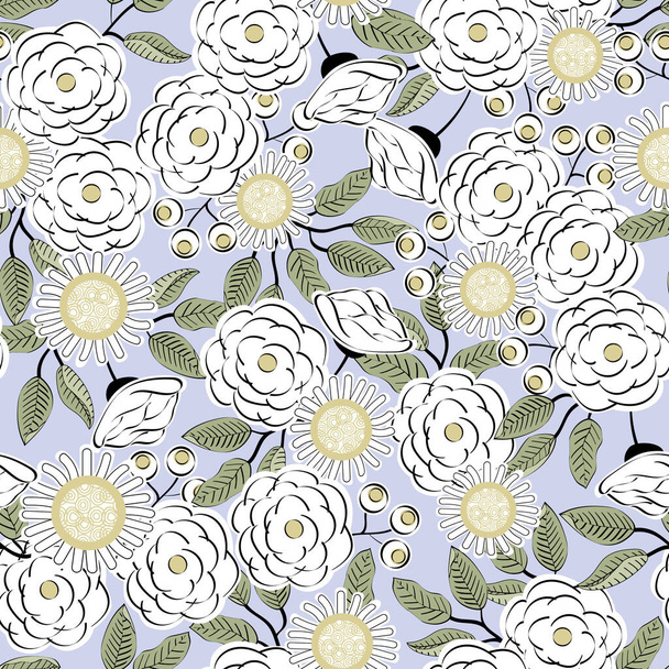 Vector Flowers in Yellow White mit grünen Blättern auf lila Hintergrund nahtlose Wiederholung Muster. Hintergrund für Textilien, Karten, Fertigung, Tapeten, Druck, Geschenkpapier und Scrapbooking. - Vektor, Bild