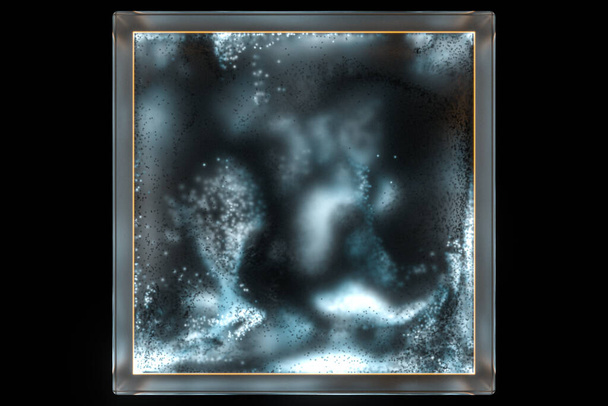 Cubo de vidrio esmerilado con partículas brillantes en el interior, representación 3d. Dibujo digital informático
. - Foto, Imagen