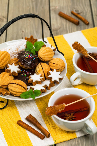 Tea with Assorted Mixed Cookies. Selective focus. - Photo, Image