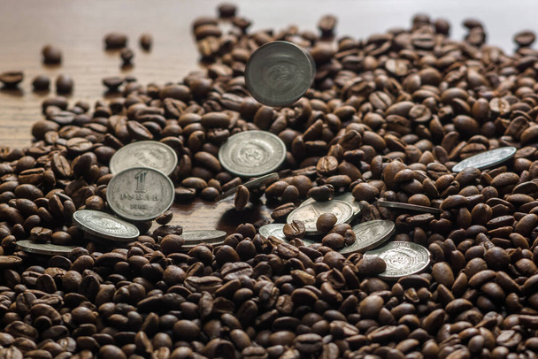 ソビエト連邦の硬貨はコーヒー豆に落ちる。銀で2ドル。マンブリのオークの魅力と樹皮。ワシントン・リーフレット。フラトリー。暗い背景でお土産。茶色の背景 - 写真・画像