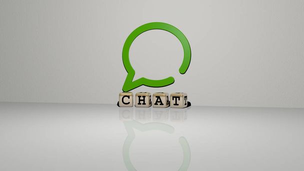 3D ábrázolása chat ikon a falon, és a szöveg rendezett fémes kocka betűkkel a tükör padlóján a koncepció jelentését és diavetítés bemutatása. illusztráció és kommunikáció - Fotó, kép