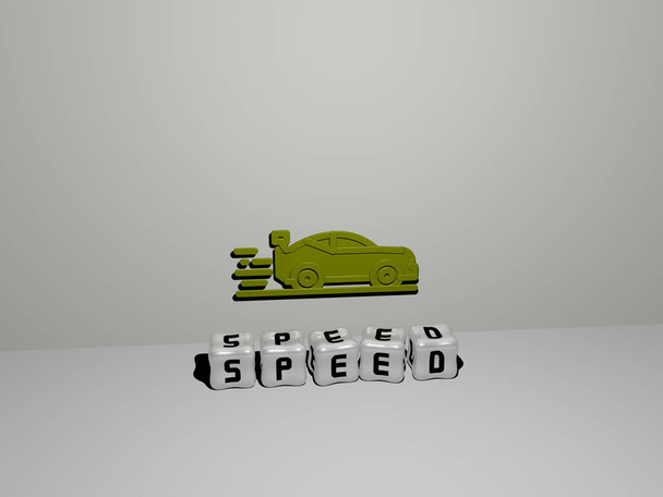3D-Illustration von Speed-Grafiken und Text aus metallischen Würfelbuchstaben für die damit verbundenen Bedeutungen des Konzepts und der Präsentationen. Hintergrund und Abstraktion - Foto, Bild
