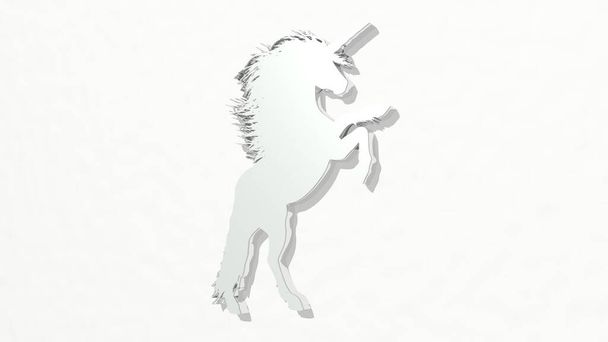 UNICORN on the wall. 3D illustration of metallic sculpture over a white background with mild texture. cute and cartoon - Foto, immagini