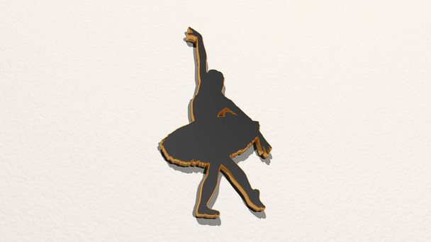 GIRL DANCING da una prospettiva sul muro. Una scultura spessa fatta di materiali metallici di rendering 3D. bello e sfondo - Foto, immagini