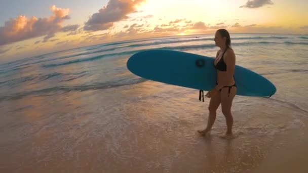 Молода жінка, яка подорожує серфінгом на Барбадосі, ходить по пляжу на заході сонця. - Кадри, відео