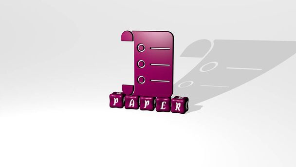 3D-Darstellung von Papier mit Icon an der Wand und Text, angeordnet durch metallische kubische Buchstaben auf einem Spiegelboden für Konzeptbedeutung und Diashow-Präsentation. Hintergrund und Illustration - Foto, Bild